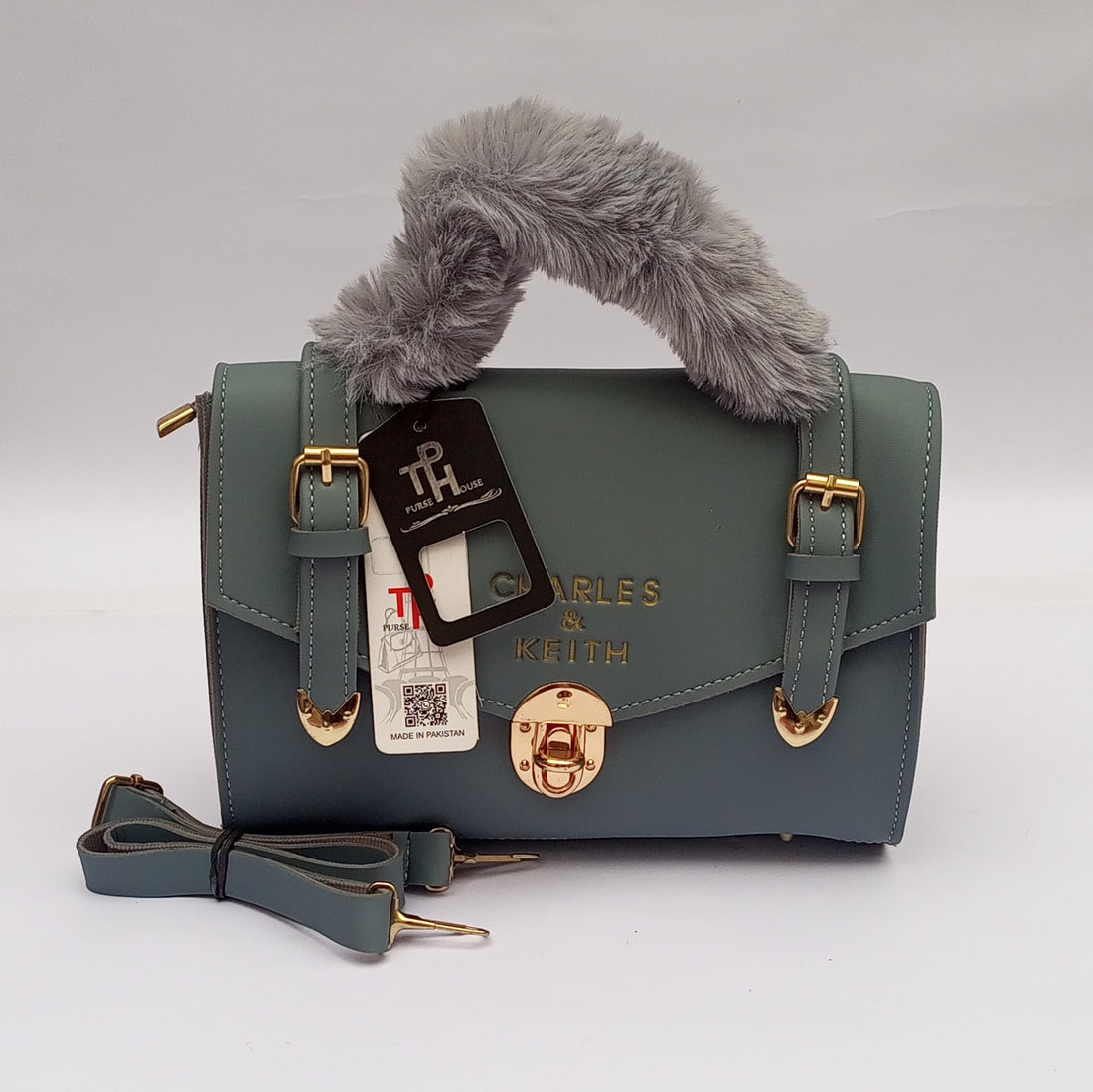 Elegant Faux Leather Handbag with Fur Handle - HLF1002